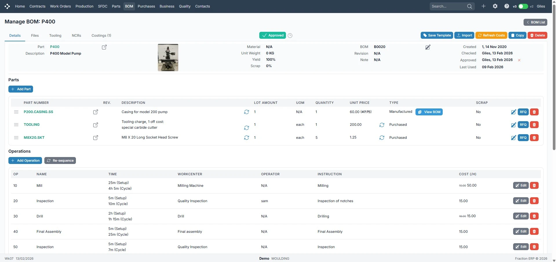 Bill of Materials screen