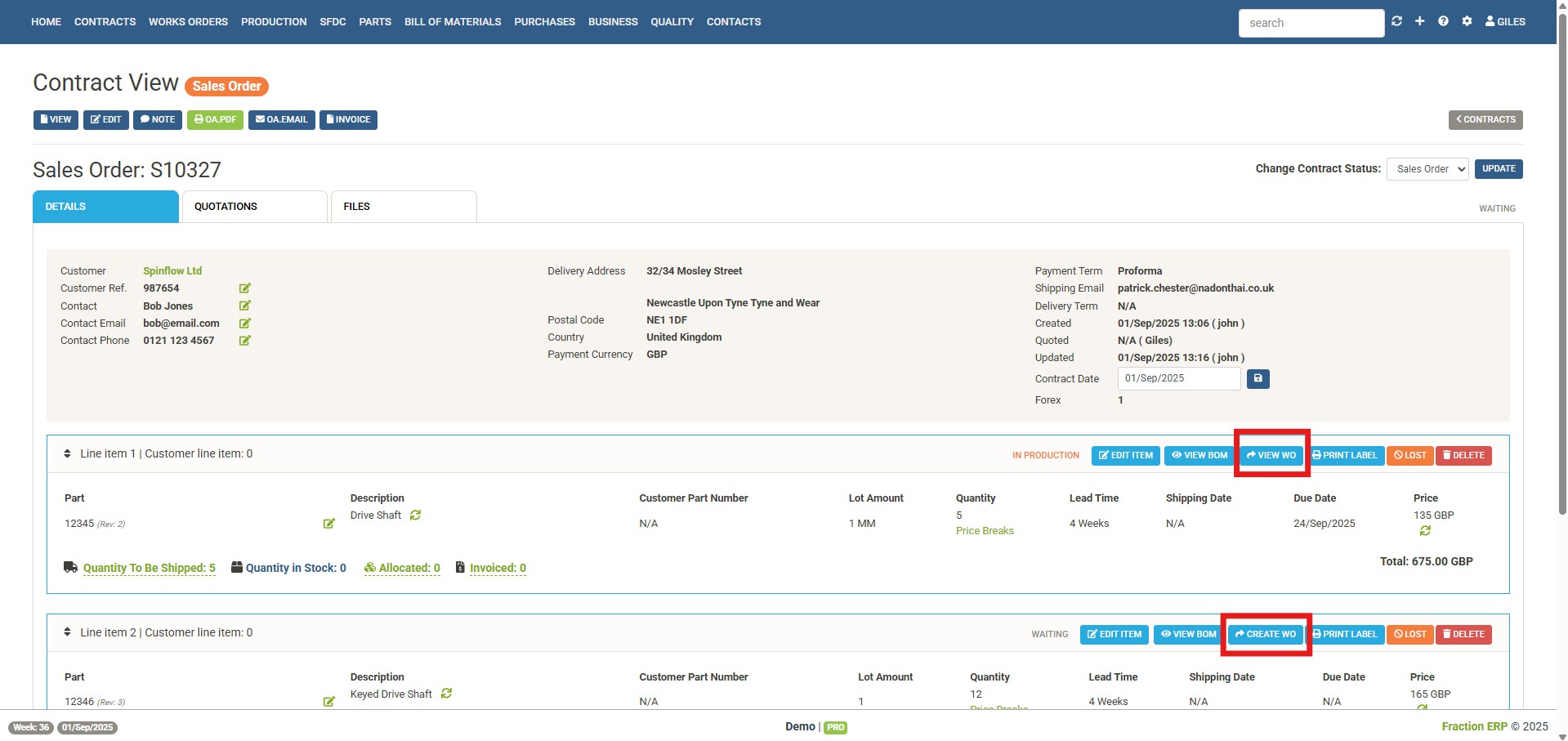 Production planning software - works order creation