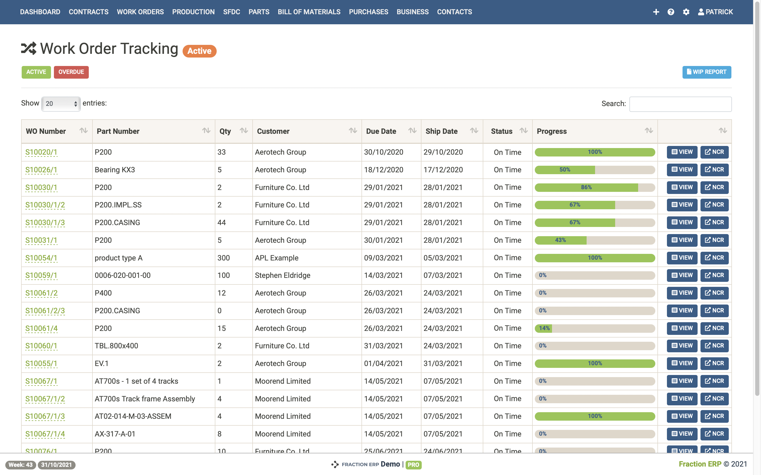 production tracking screen in Fraction ERP