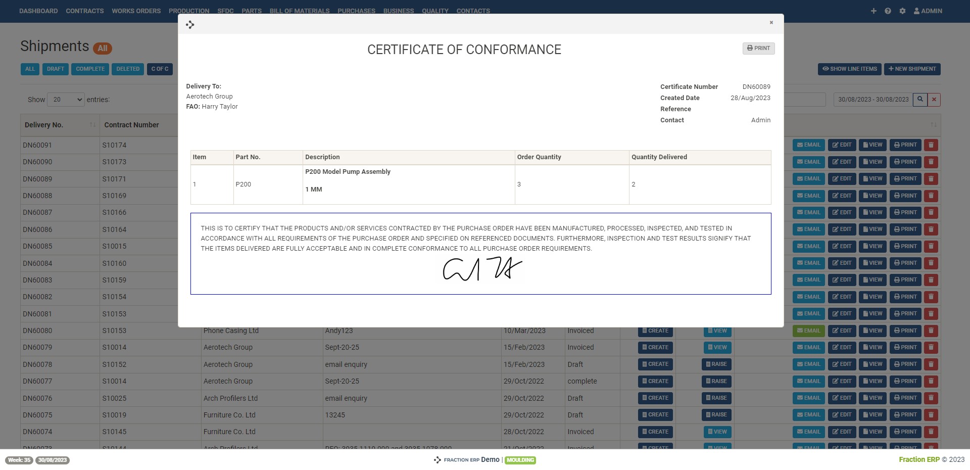 Fraction ERP  - certificate of conformity