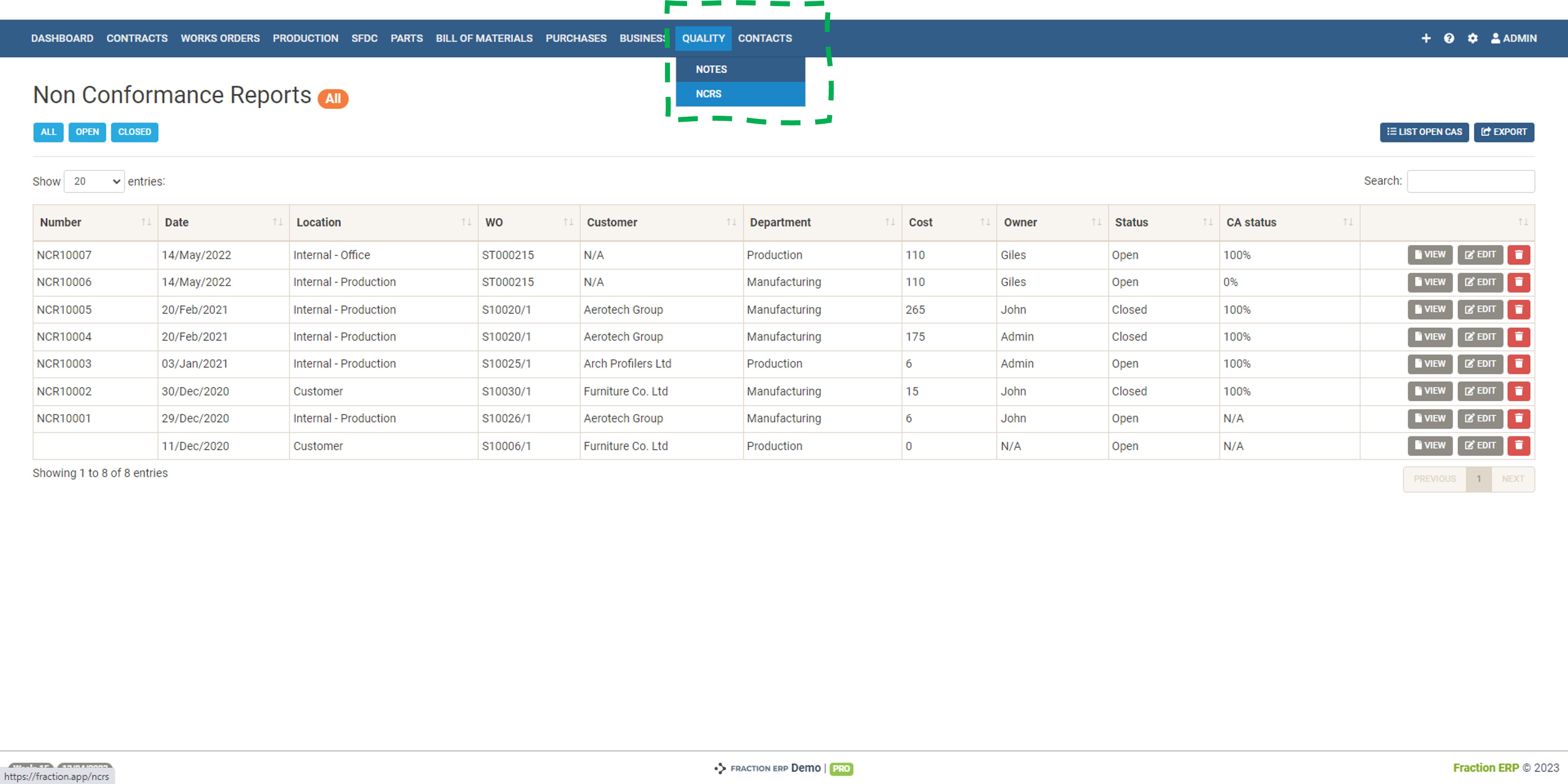 non conformance dashboard - full NCR register