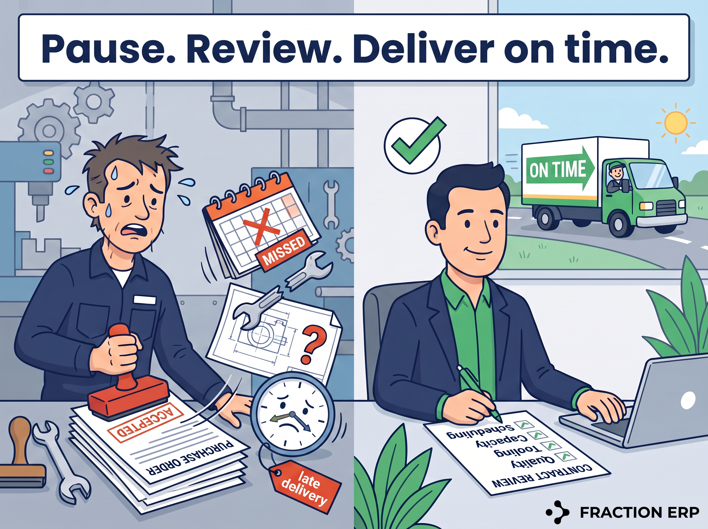 Cartoon contrasting rushed order acceptance and late delivery with a manager checking quality, tooling, capacity and scheduling before an on-time delivery, headed 'Pause. Review. Deliver on time.'