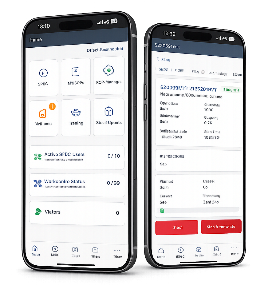 Fraction ERP Mobile home and job tracking screens displayed on two smartphones