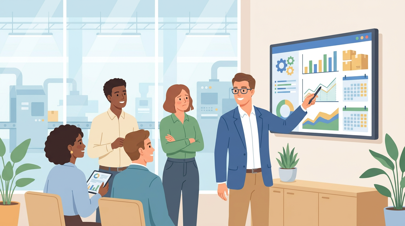 Illustration of a manager presenting an ERP dashboard to a manufacturing team, with one colleague looking uncertain