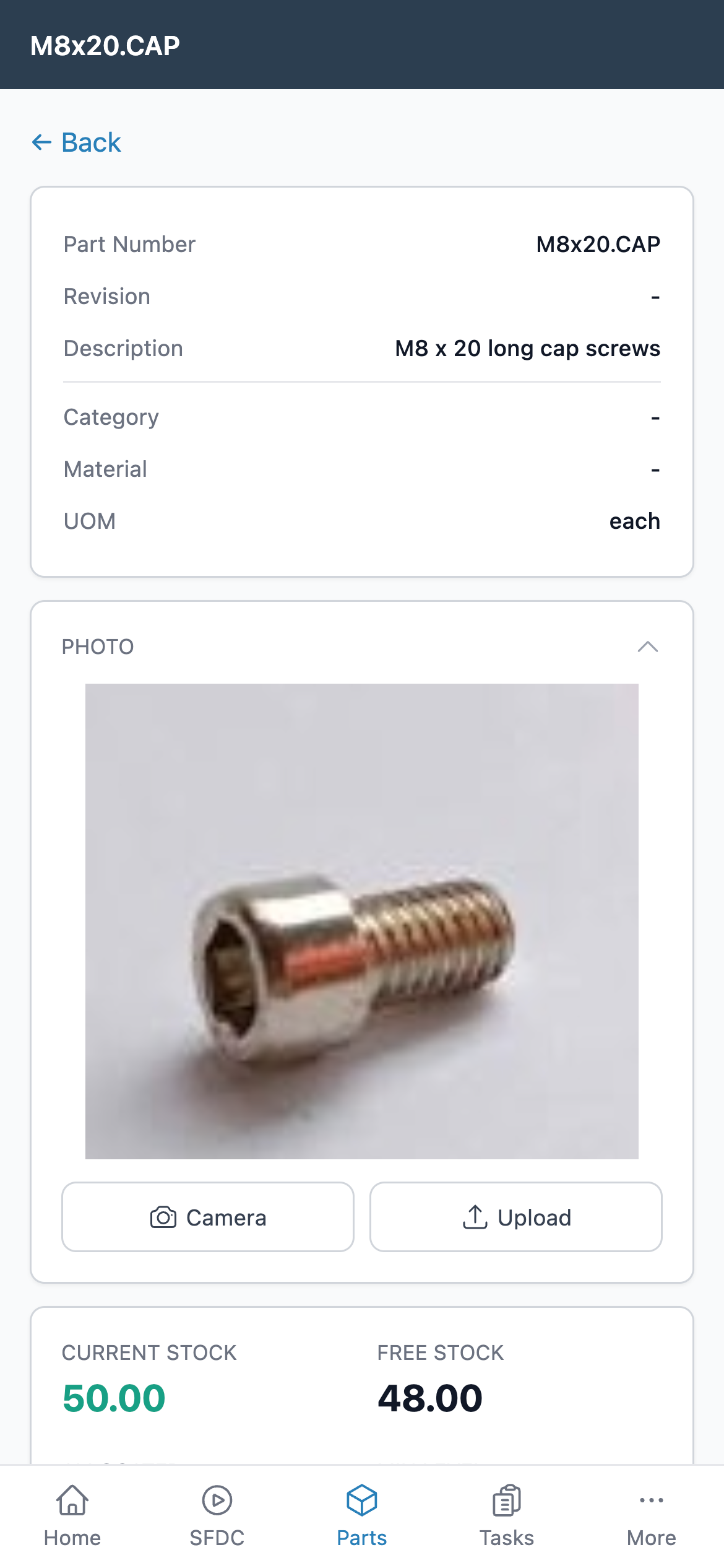Fraction ERP Mobile part record showing item details, photograph and live stock levels