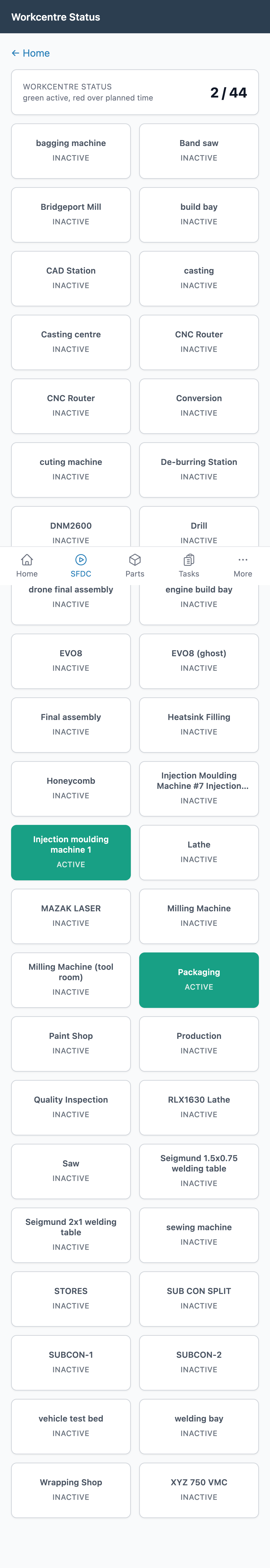 Fraction ERP Mobile workcentre status showing active and inactive production areas