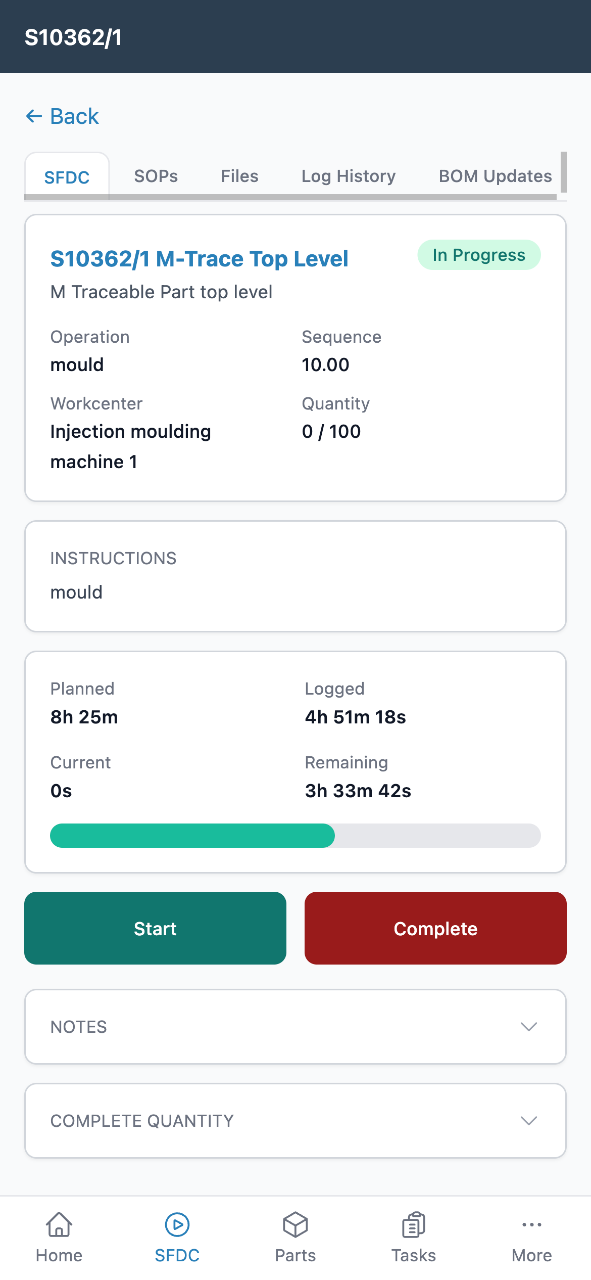 Fraction ERP Mobile SFDC screen showing an in-progress manufacturing operation and time logged