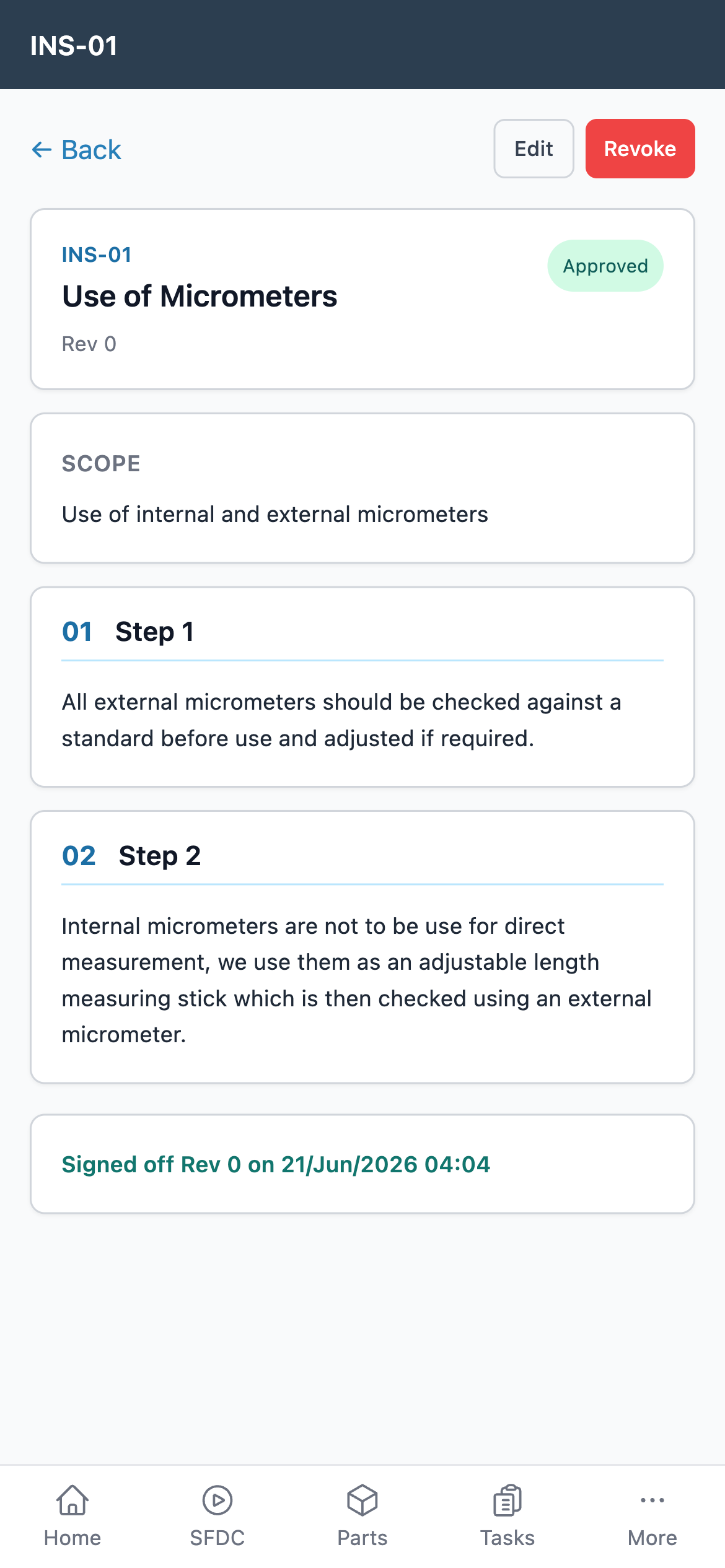 Fraction ERP Mobile approved SOP showing controlled steps and user sign-off