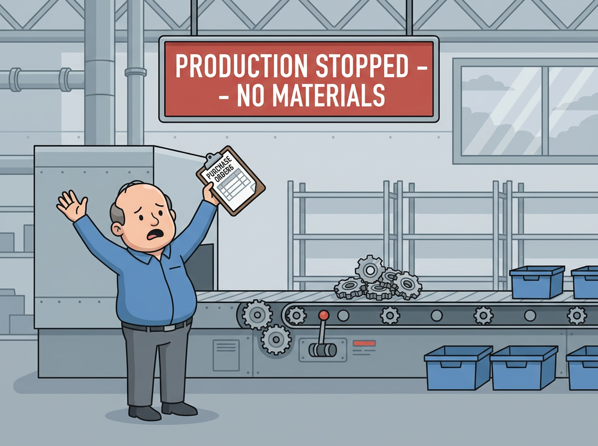 Cartoon of a factory worker holding purchase orders beside an idle production line beneath a sign reading Production stopped – no materials