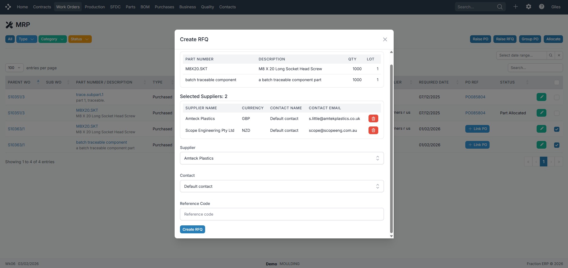 Fraction ERP's RFQ process running directly from the MRP screen