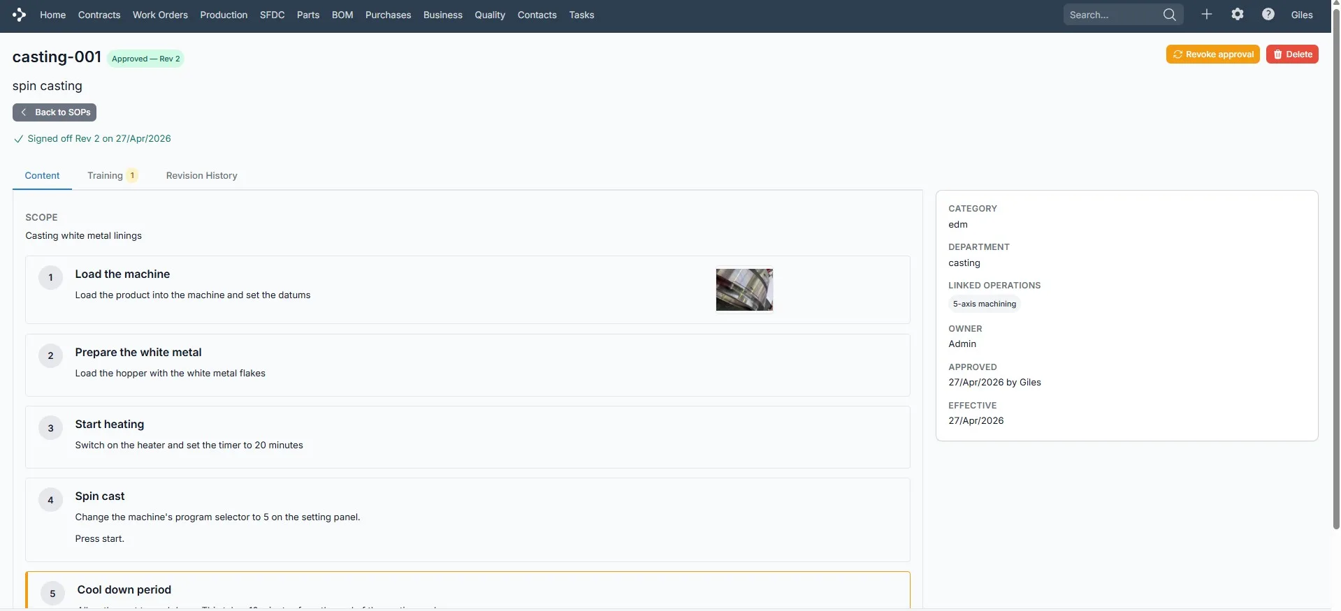 SOP Manager screen in Fraction ERP showing the list of standard operating procedures