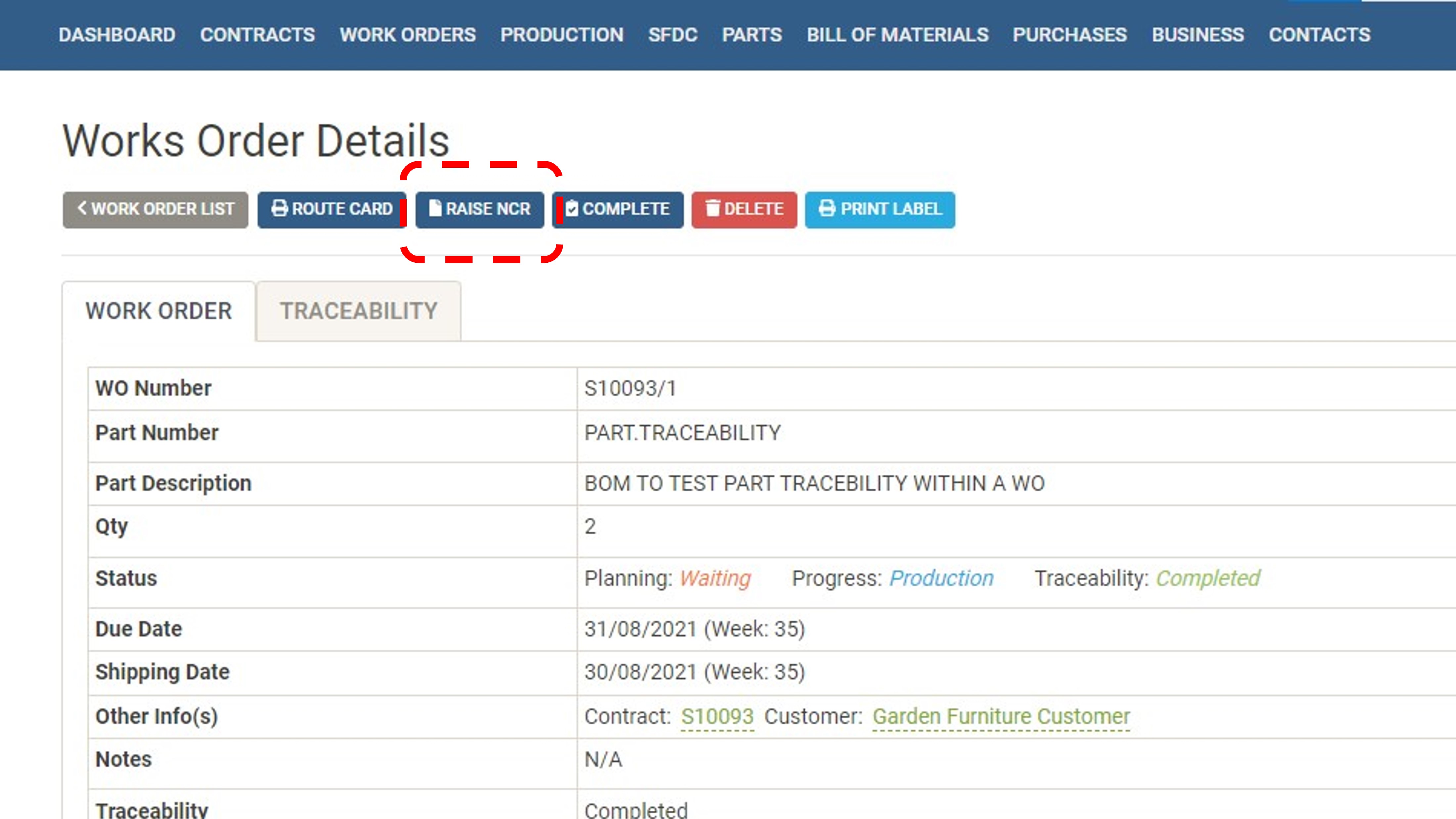 non conformance reporting - works orders