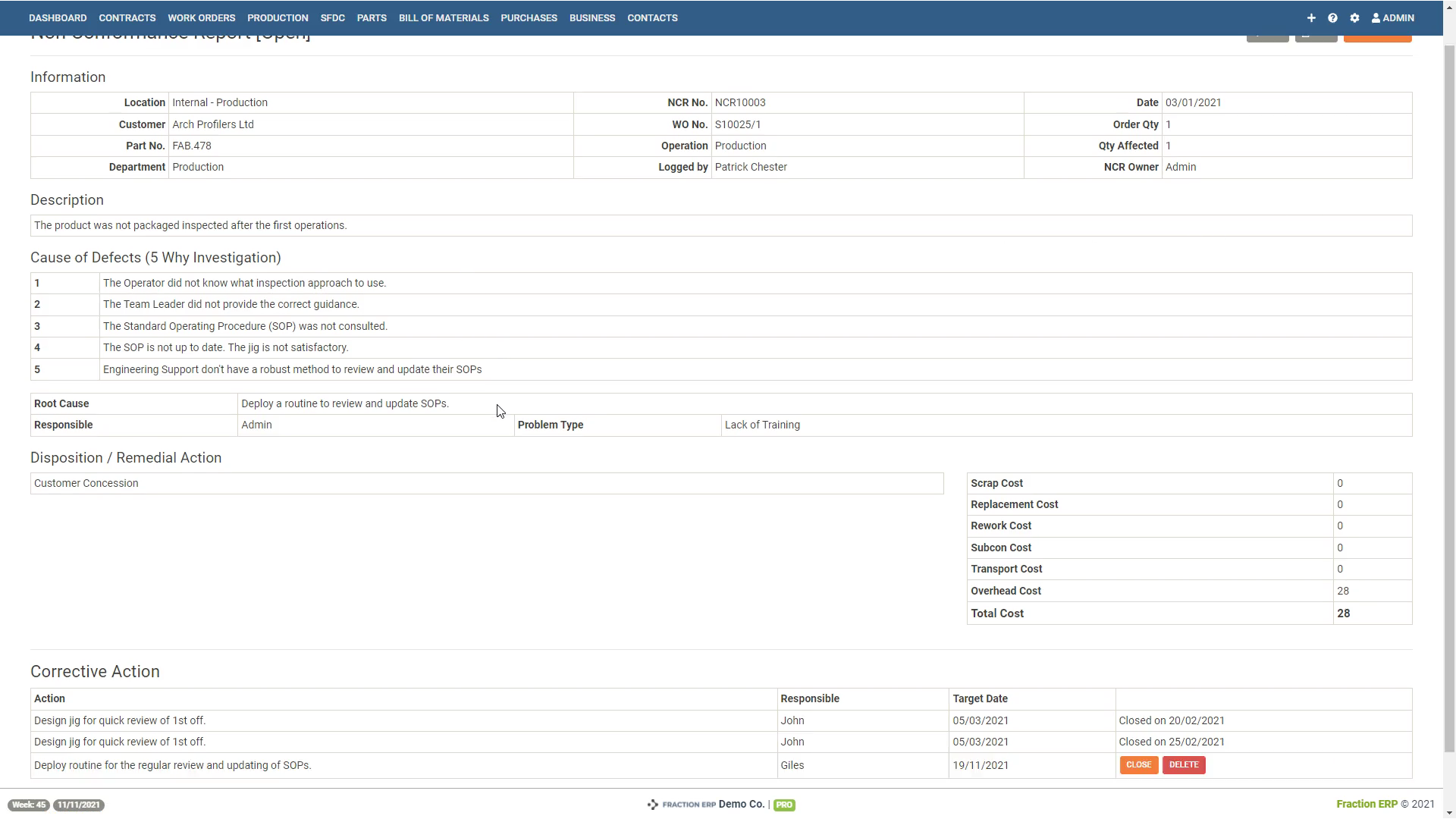 non conformance reporting - report page