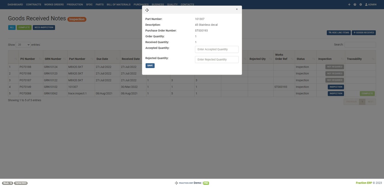 purchase order inventory management system - accepting parts